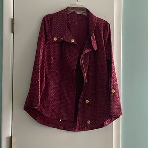 Spring, swingy jacket with button up sleeves. Dark red with white polka dots
